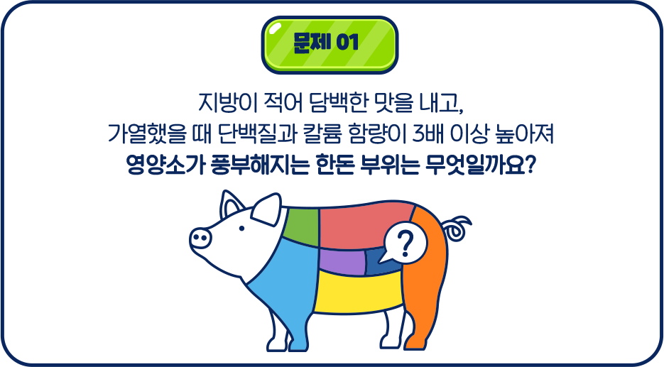 문제01 지방이 적어 담백한 맛을 내고, 가열했을 때 단백질과 칼륨 함량이 3배 이상 높아져 영양소가 풍부해지는 한돈 부위는 무엇일까요?